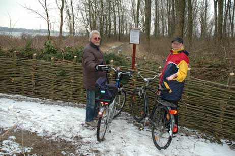 Februar 2005: Der Weidenflechtzaun blockiert auf einmal ein Stück des Priwall-Rundwegs. Die Aktion war zwar in der Presse angekündigt worden, aber offenbar überlesen worden oder den Lesern in ihrer Konsequenz nicht klar. Gerade das beliebte Stück am Wasser entland durfte nun nicht mehr begangen und befahren werden. Die Empörung war groß. Foto: ARCHIV TRAVEMUENDE AKTUELL