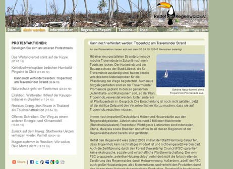Protestaktion gegen Tropenholz auf der Travemünder Strandpromenade auf www.regenwald.org. Screenshot: <b>TA</b>