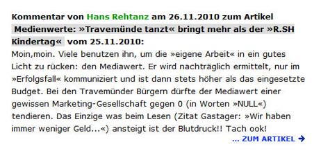 »Moin Moin«....«Tach ook!«: Typischer Rehtanz-Kommentar, hier zum Thema »Medienwerte«. Sreenshot: <b>TA</b>
