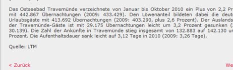 Auf www.luebecknews.de fehlt der letzte Absatz mit der Hochrechnung. Der Artikel wurde am 28.12.2010 ins Internet gestellt. Betrieber der Seite ist laut Impressum die Lübeck und Travemünde Marketing GmbH. Screenshot: <b>TA</b>