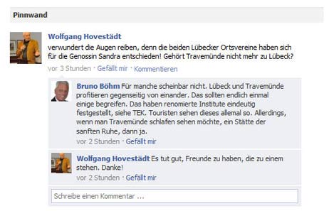 Wolfgang Hovestädt (SPD) postete seine Enttäuschung bei Facebook und fand Unterstützung bei Freund Bruno Böhm (BfL). Screenshot: <b>TA</b>