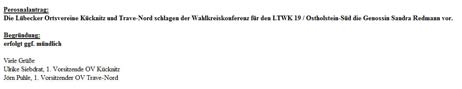 Personalantrag für die Wahlkreiskonferenz am 27.9. für den LTWK 19: Kücknitz und TraveNord haben sich in einer Email vom Samstag für Sandra Redmann entschieden. Screenshot: <b>TA</b>