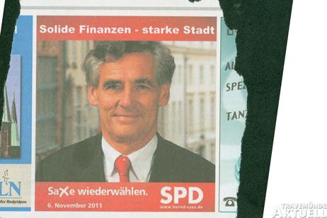 »Solide Finanzen – starke Stadt«: So warb Lübecks Bürgermeister Bernd Saxe im November 2011 per Zeitungsannonce um seine Wiederwahl – und hat gewonnen. »Das ist reiner Hohn«, empörte sich damals Carsten Stier (FDP) über die Kampagne. Scan: <b>ARCHIV TA</b>