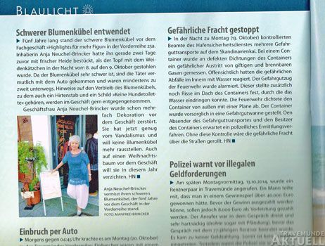 Auf den beliebten »Blaulicht«-Seiten berichtet Travemünde Aktuell über große und kleine Schurkenstücke im Seebad. Im November auch über den entwendeten Blumenkübel.