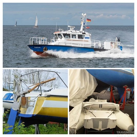 Küstenboot Habicht des Wasserschutzpolizeireviers Lübeck sowie ein Segel- und Schlauchboot – Tatobjekte nach vorangegangenem Diebstahl der Außenbordmotoren. Foto Polizei