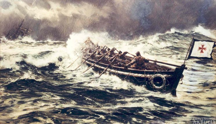 In den ersten Jahrzehnten nach Gründung der DGzRS vor 160 Jahren waren die Seenotretter in offenen Ruderrettungsbooten im Einsatz (Foto: DGzRS, Gemälde von Claus Bergen)