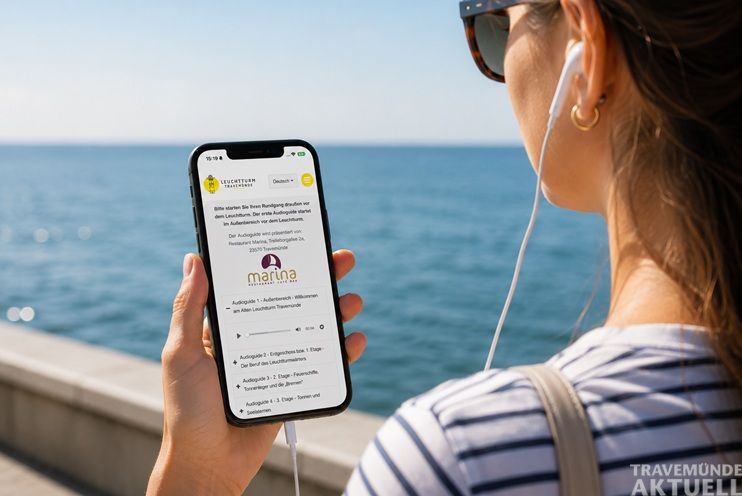 Mit dem kostenlosen Audioguide auf dem Smartphone Wissenswertes über die Geschichte des alten Leuchtturms erfahren. Foto: Screenshot TA, KI-Modifiziert (Chat GPT)