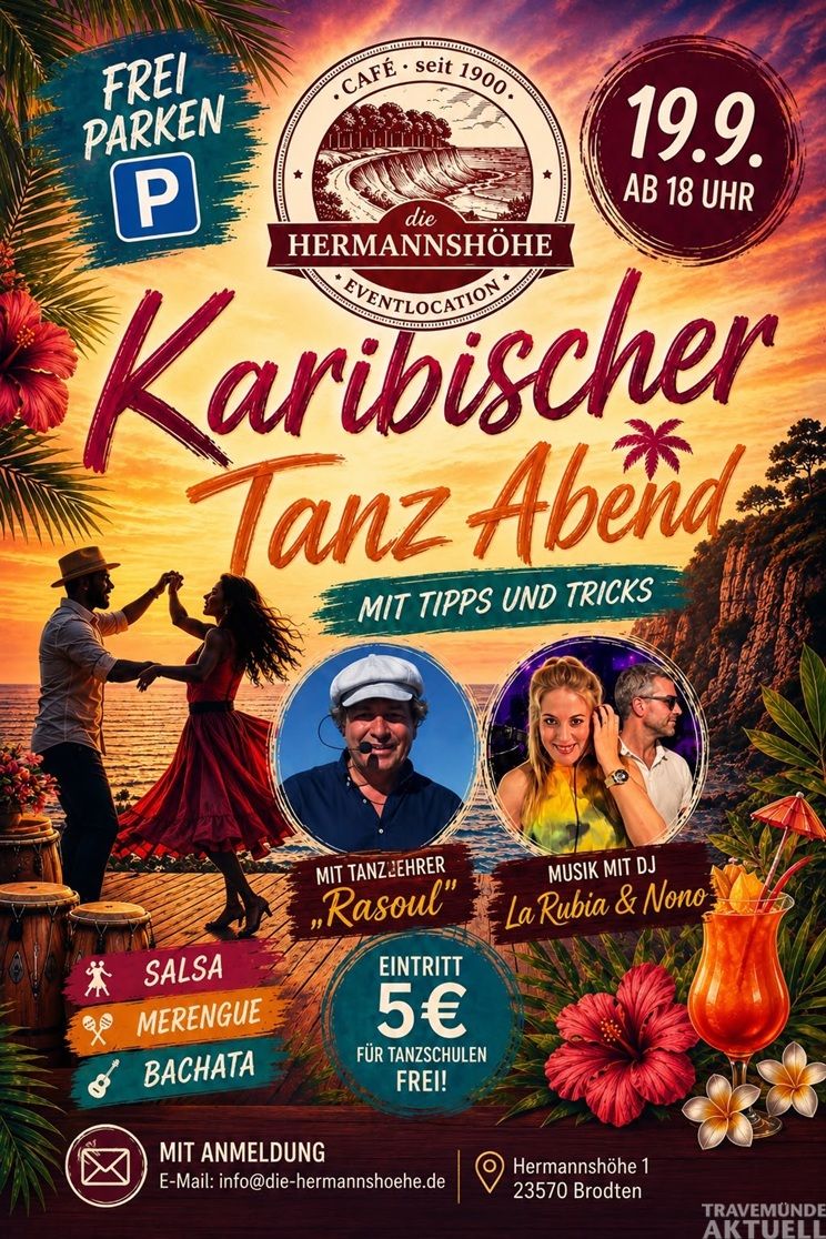 Am 19. September findet auf der Hermannshöhe erstmals ein Karibischer Tanzabend mit Salsa, Merengue und Bachata statt. Grafik: Herrmannshöhe