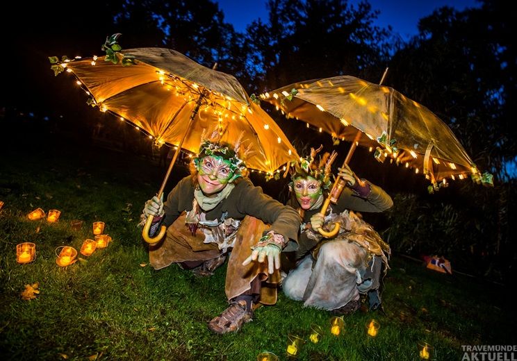 Zwischen leuchtenden Bäumen und Wegen erwartet Besucher:innen beim Lichterzauber eine besondere Atmosphäre mit Musik und Artistik. Foto: LTM
