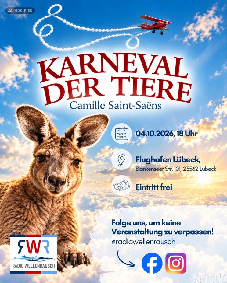 Tierischer Blickfang: Das Känguru macht auf den »Karneval der Tiere« am 4. Oktober 2026 am Flughafen Lübeck aufmerksam. Grafik: Radio Wellenrausch/