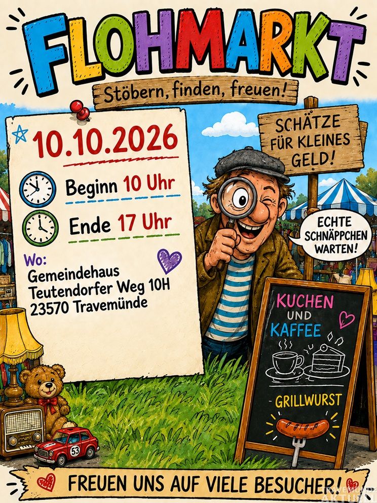 Am 10. Oktober lädt der Flohmarkt im Gemeindehaus am Teutendorfer Weg in Travemünde von 10 bis 17 Uhr zum Stöbern ein. Grafik: KI-generiert/Martin Wilde