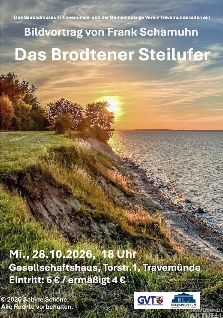 Das Brodtener Steilufer zwischen Travemünde und Niendorf steht am 28. Oktober im Mittelpunkt eines Bildvortrags von Frank Schamuhn. Plakat: Sabine Schöne